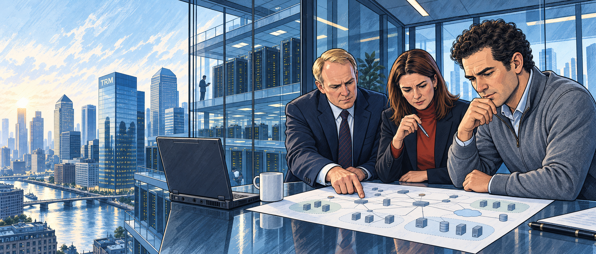 Team reviewing a network topology map on a table, with the London skyline and Tideway offices visible through the window